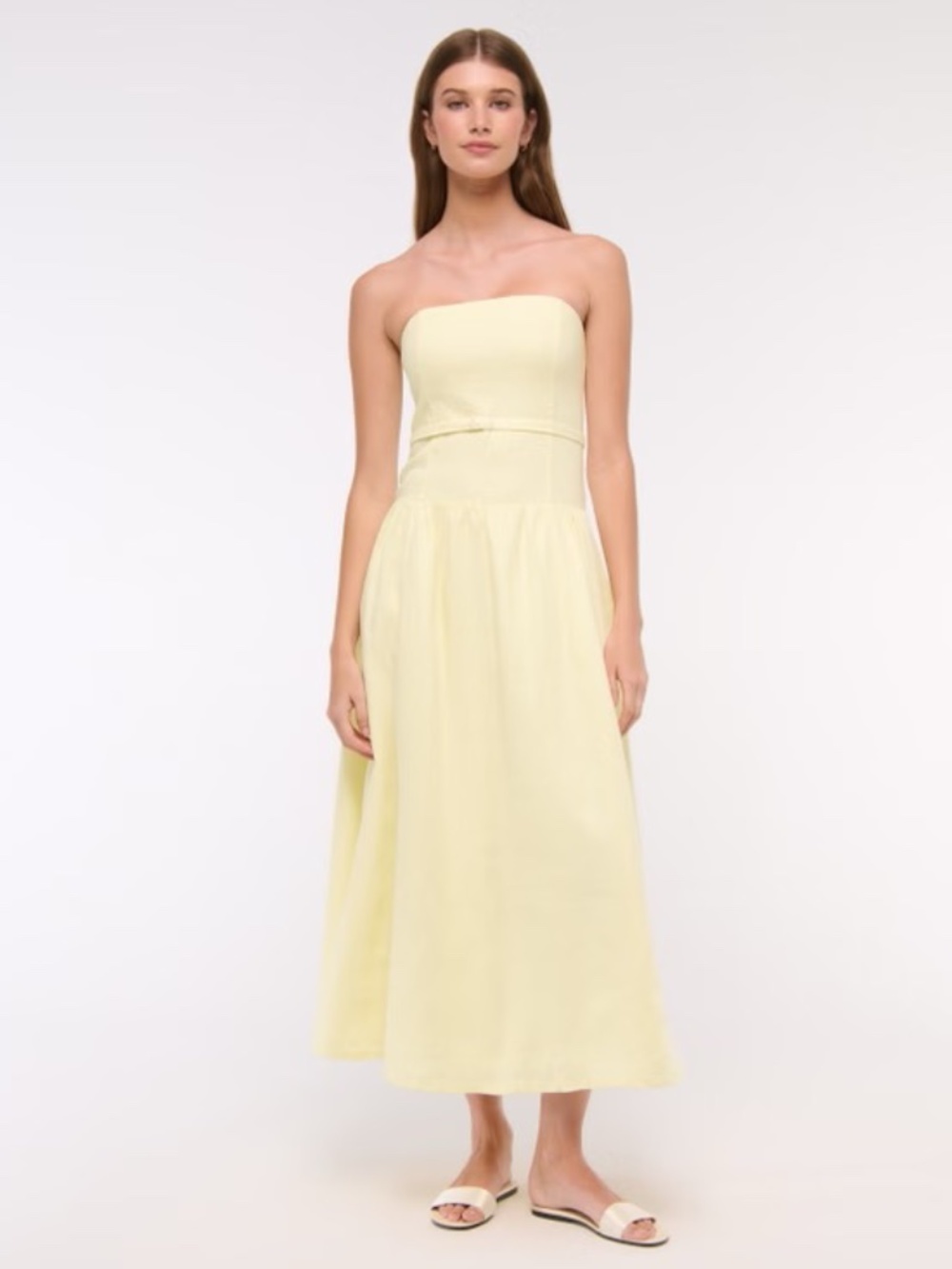 Strapless Premium Linen Drop-Waist Belted Midi Dress